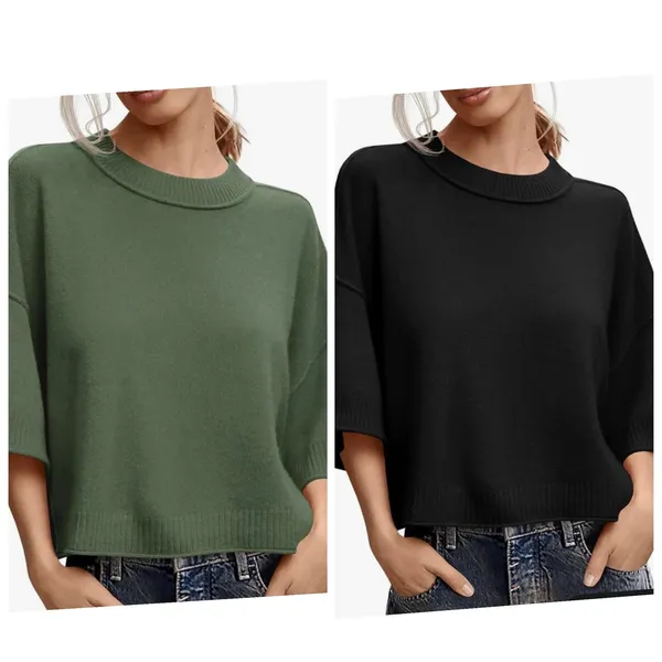 Lot of 2 Cropped Short‎ Sleeve Sweaters Women's XS/S Black & Green Lightweight - Image 2