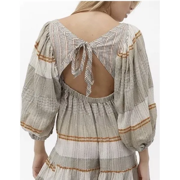 Free People Mini Dress Cozy Striped Puff‎ Sleeve Boho Fairy Sz S Open Tie Back - Image 2