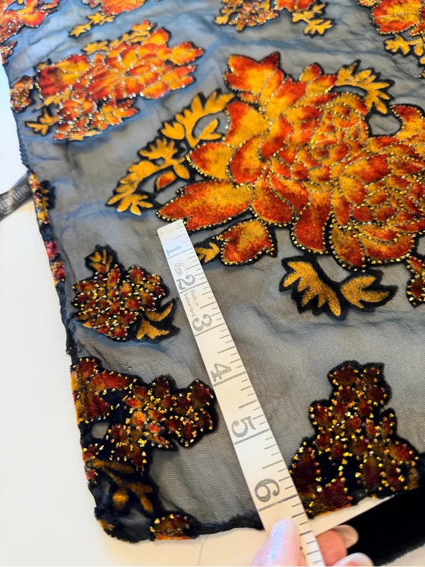 Velvet burnout floral shawl black and orange, sparkle details outline, 66"x21.5" - Image 6