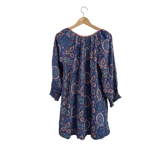 Natural Life Blue Paisley Floral Boho Mini Dress Smocked Sleeve Women Small - Image 2
