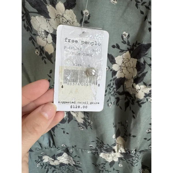 NWT Free People Sage Green White Floral Long Sleeve A-Line Mini Dress Womens 4 - Image 5