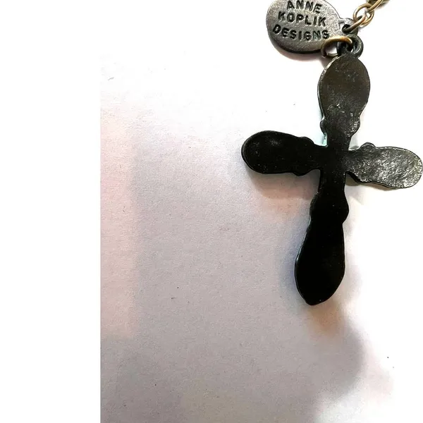 Anne Koplik Faith Jesus decorative cross pendant iridescent crystals aged metal - Image 4