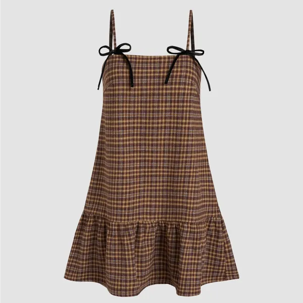 Cider Square Neck Check Ruffle Bowknot Babydoll Mini Dress - Image 3