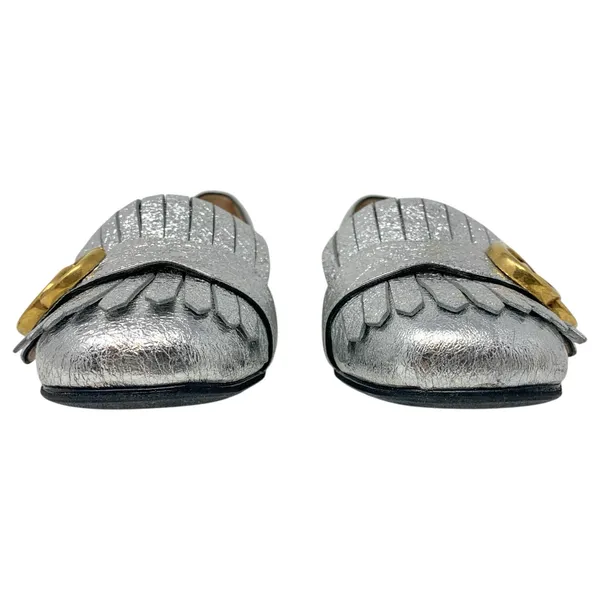 Gucci Silver Foiled Leather Marmont GG Logo Kiltie Fringe Flat Loafers EU 35 - Image 4
