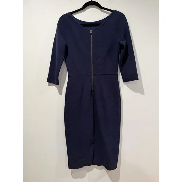 Boden Textured Midi Sheath Dress Womens 6 Navy 3/4 Sleeve Work Career Travel - Image 2