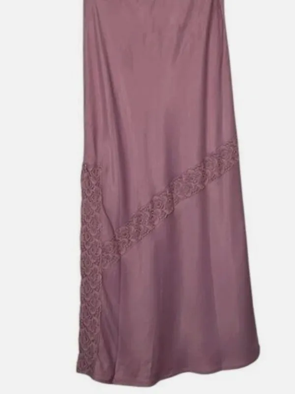 NWOT Free People Y2K Dusty Rose Silky Satin Midi Skirt Cottagecore Lace Pull On - Image 4