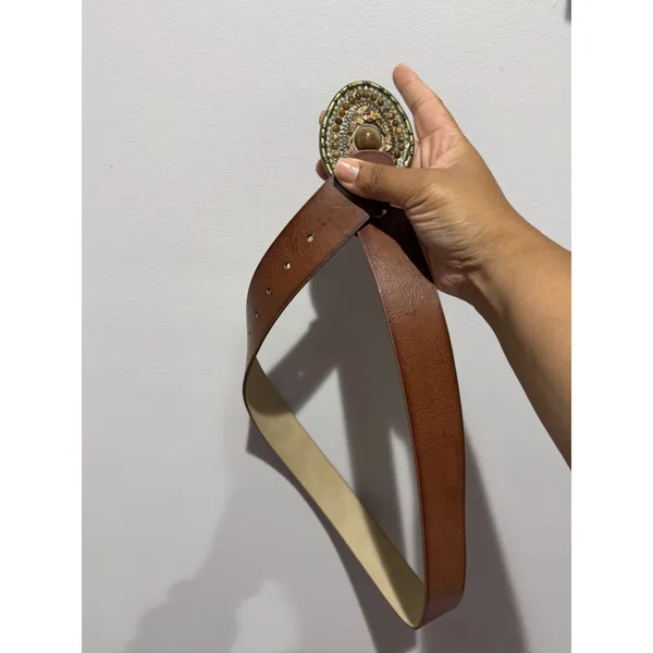 Vintage Congac Full Grain Leather Belt Stone Jewel Buckle Boho Hobo Western Y2K - Image 8