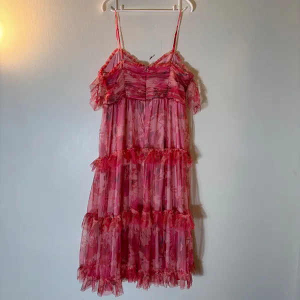 Lulus Exquisite Existence Pink Floral Mesh Pleated Ruffled Midi Dress Size XL - Image 6