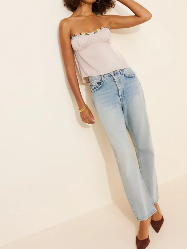 FREE PEOPLE Ember Glow Tube Top Ivory Embroidered Flower trim Pintuck Going Out - Image 4
