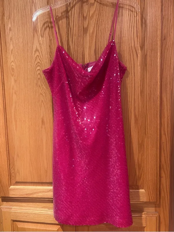 LIKELY Sequin Spaghetti Strap Draped Cowl Neck Mini Dress Fuchsia Pink Size 8 - Image 3