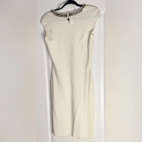 Lauren Ralph Lauren Ivory Midi Knit Dress with Embellished Neckline, Medium - Image 3