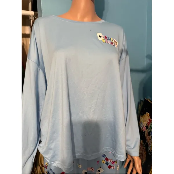 Women’s Light Blue 'Game Night' Graphic Long Sleeve Tee & pants PJ set size M - Image 4