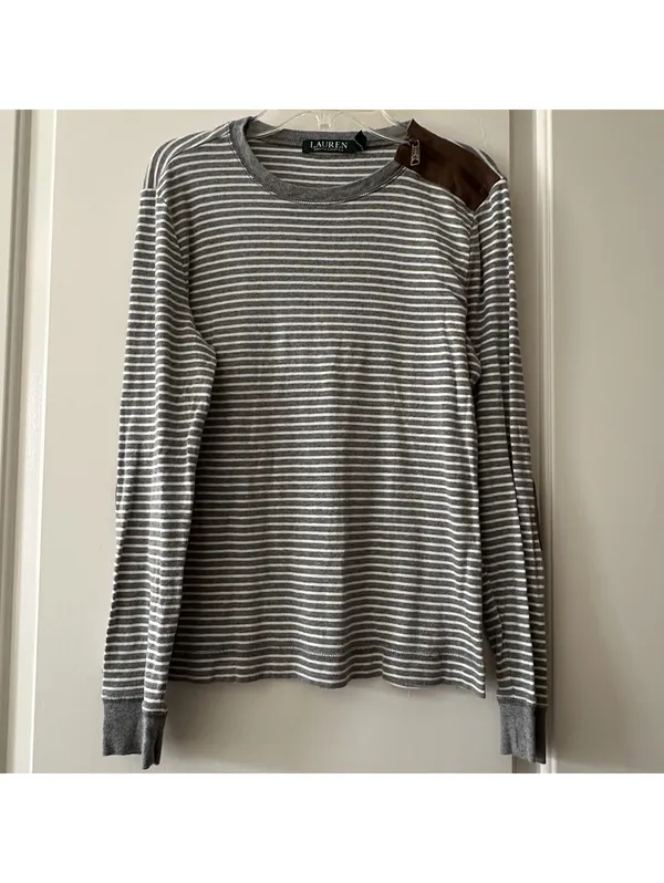 Lauren Ralph Lauren Large L Gray White Striped Long Sleeve T Shirt Brown Patches - Image 15