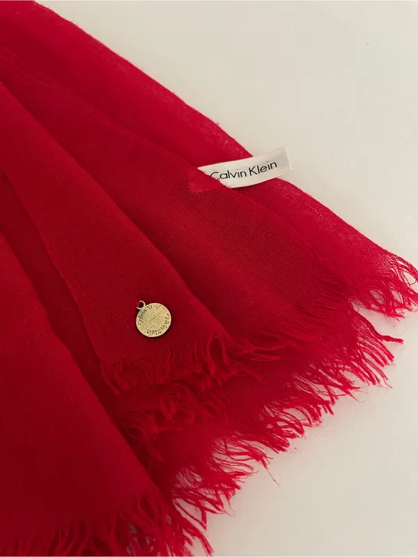 Calvin Klein Red Scarf Gold Charm Eyelash Fringe - Image 4