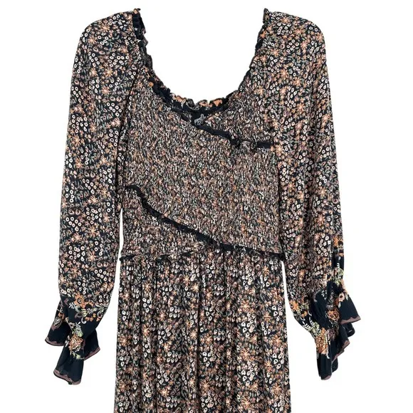 Angie Ditsy Floral Print‎ Maxi Dress Smocked Long Sleeve Bohemian Chic Ruffle - Image 2