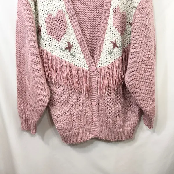 VTG Plus Size 20W Sweater Pink‎ Hand Knit Heart Fringe Cardigan Cottagecore 774 - Image 4