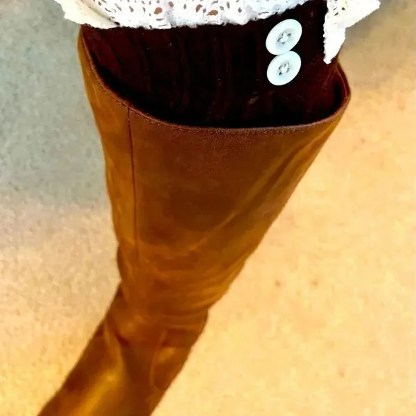 Boot Socks Brown and Cream Cozy Soft & Warm with Ruffle & Button Detail - Image 3