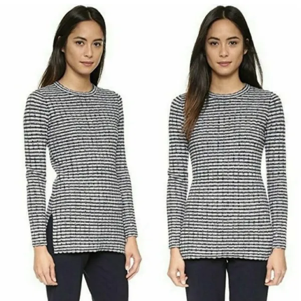 Theory Blue Gray Striped Texture Rib Stretch Sweater Crewneck Size Small - Image 2