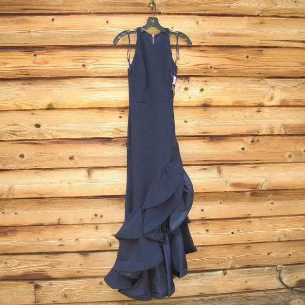 NWT Betsy & Adam Arielle Blue Size 2 Ruffle Hem Halter Gown Dress - Image 5