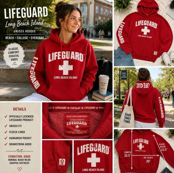 Lifeguard Hoodie Red Sweatshirt Small Coastal Long Island Beach Y2K Surfer - Image 2