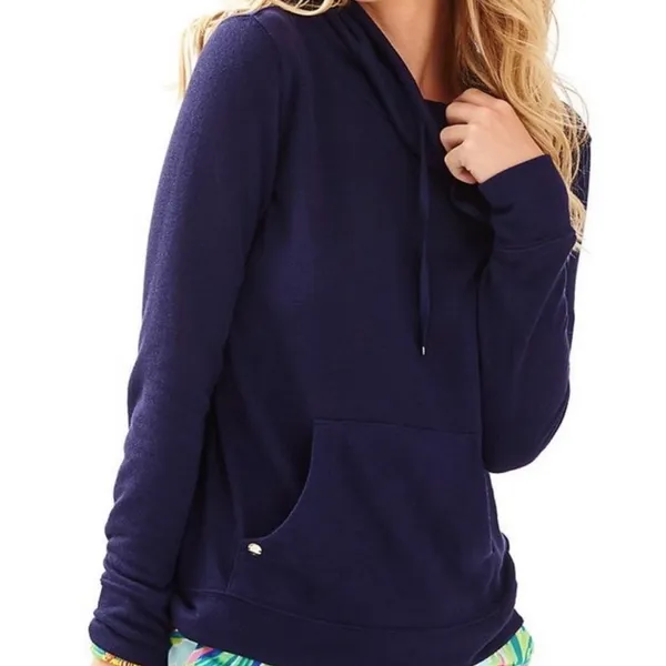 LILLY PULITZER Hillary Pullover True Navy Cowl Neck Sweatshirt Pocket Small - Image 15