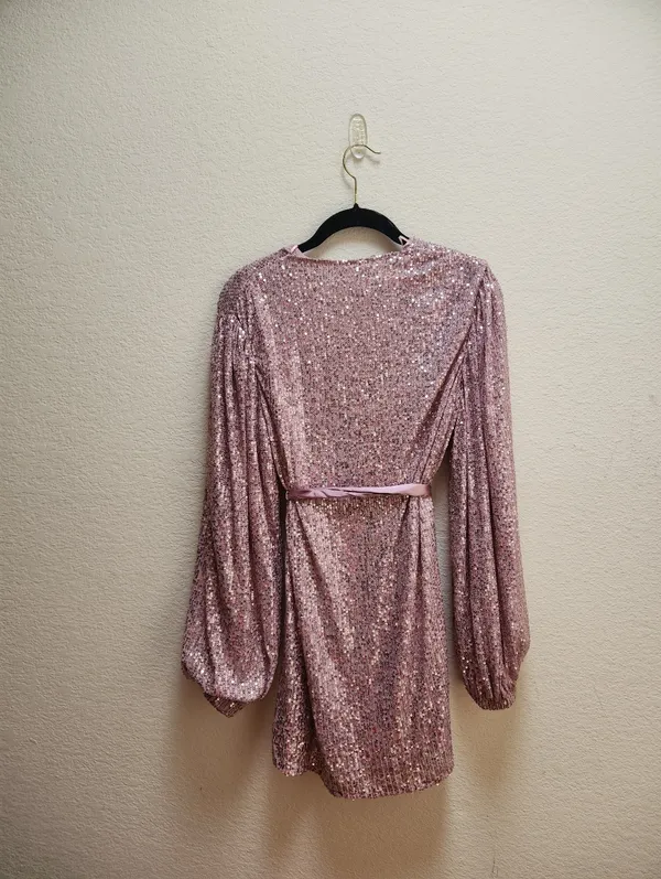 Mable Sequin Long Sleeve Wrap Dress Size Medium Pink - Image 7