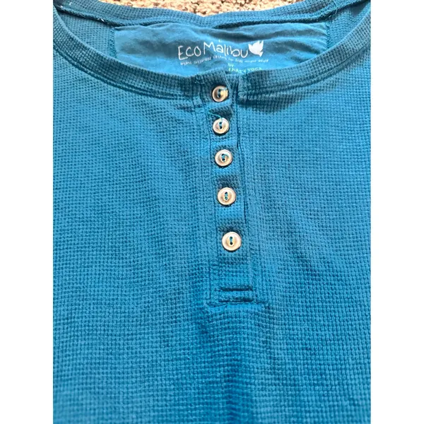 Eco Malibu Earth Yoga Womens Teal‎ Blue Organic Cotton Waffle Knit Henley Top L - Image 3