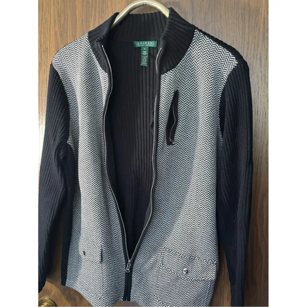 Lauren Ralph Lauren Cardigan Sweater Black White Herringbone - Image 5
