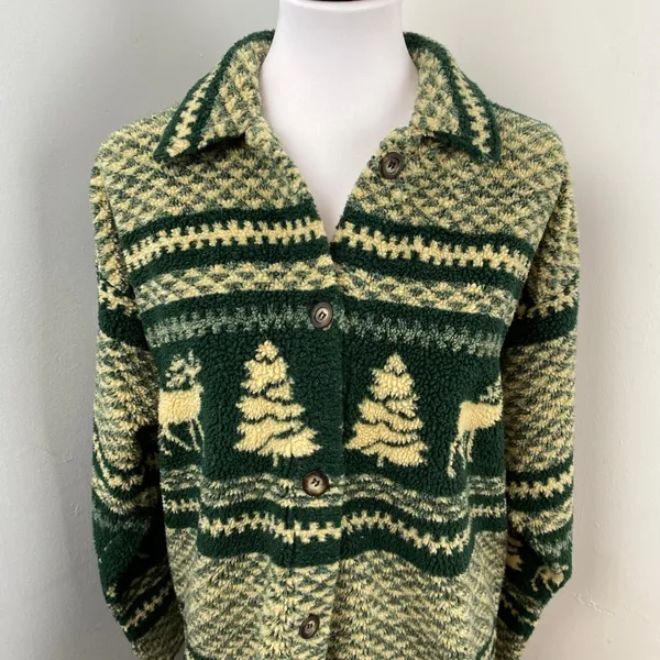 Vintage 90s Womens Fair Isle Moose Christmas Fleece Shirt Jacket Shacket Medium - Image 3