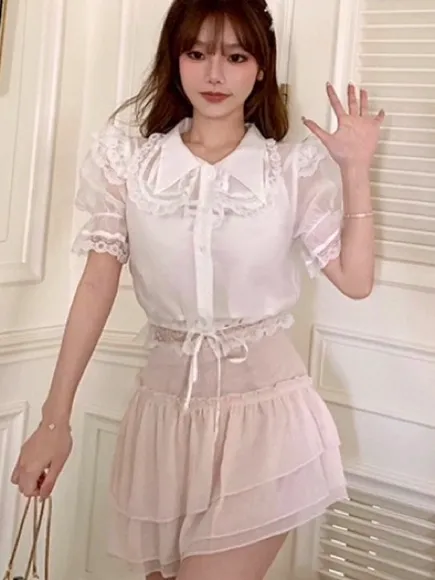 Japanese Kawaii White Lace Ruffle Elegant Lace Blouse Crop Top - Image 3