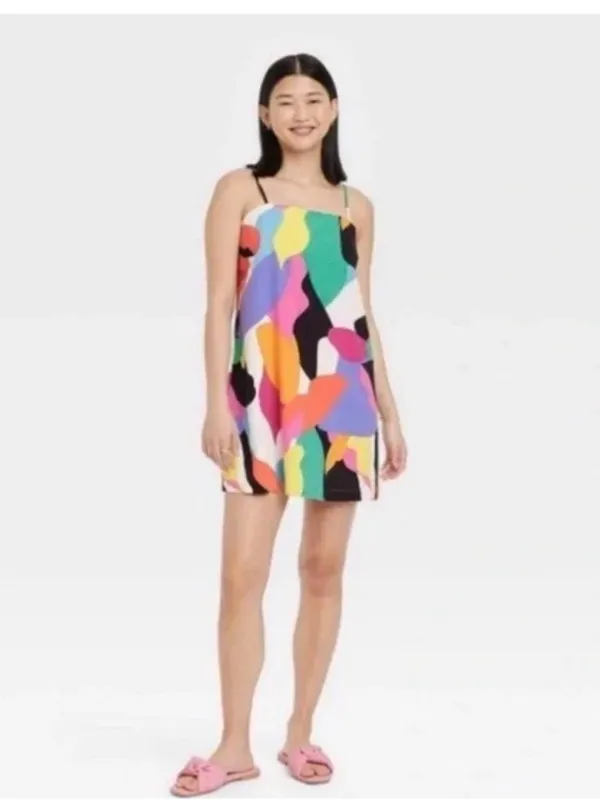 A New Day Linen-Blend Dress Womens L .Colorful Abstract Mini Shift Mod Artsy - Image 3