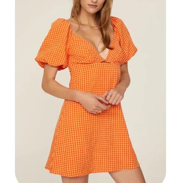 Louna Orange Gingham Mini Dress SMALL Peasant Puff Sleeve Milkmaid Cotton $108 - Image 3