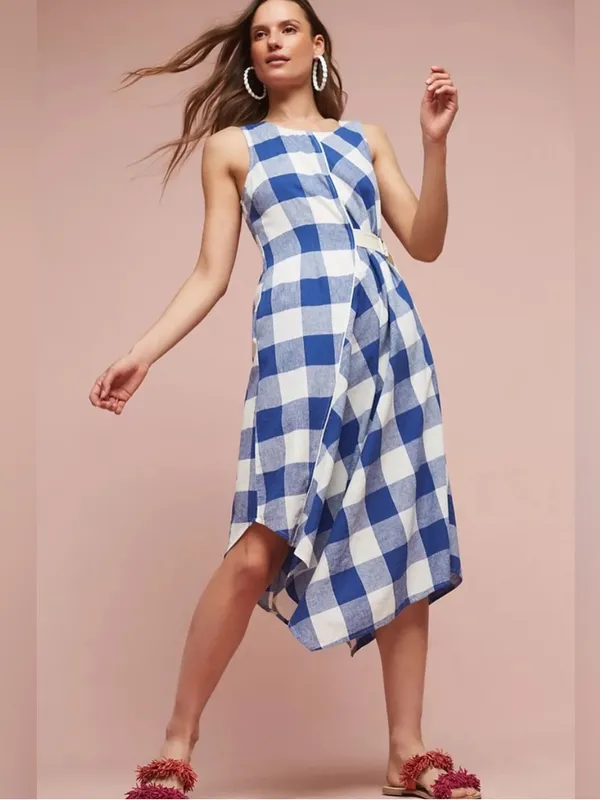 Maeve Anthro Blue White Checkered asymmetrical dress sleeveless Cotton Linen Sp - Image 2
