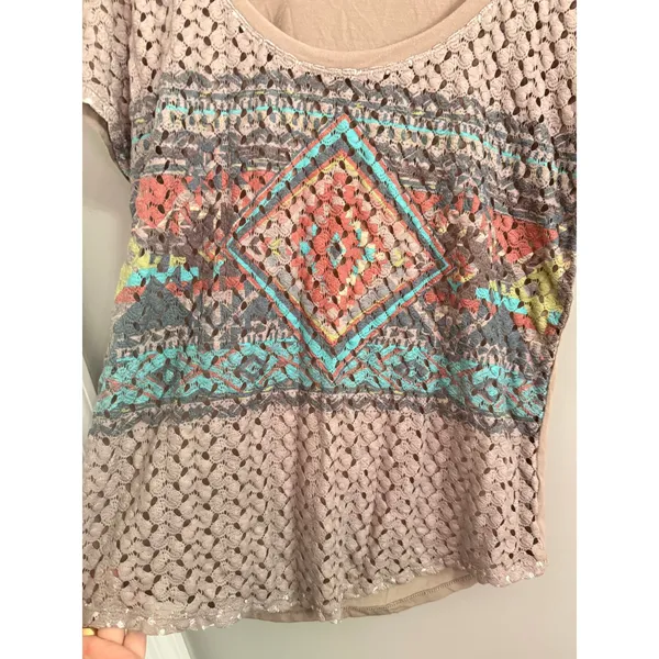 Maurices Women's Taupe Crochet Embellished Boho Geometric Print Tunic Top Size M - Image 2