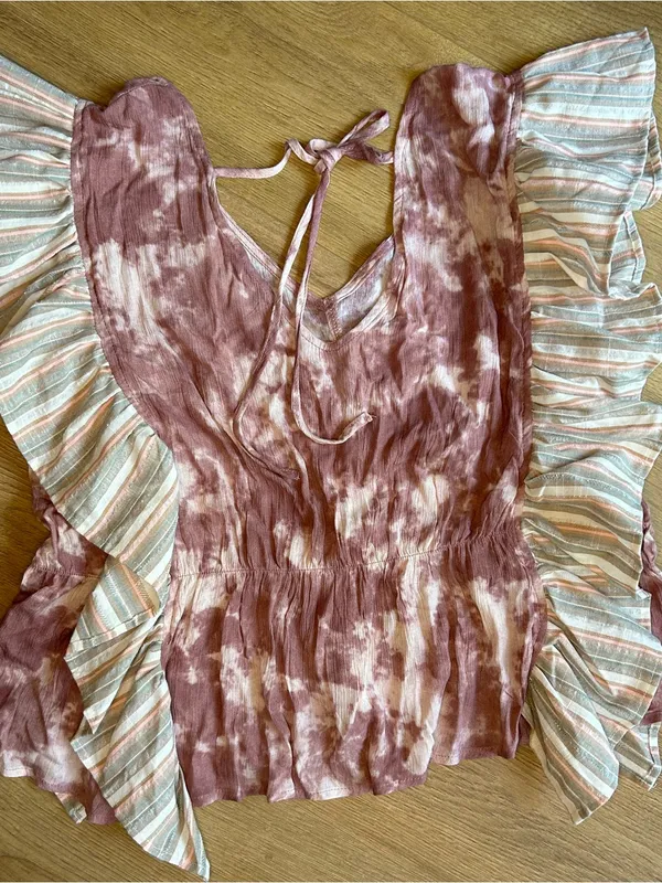 XL Boutique Pink/Purple white Tie-dye Cotton Blouse Striped Ruffle Peplum Crop - Image 8