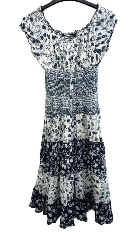 Mixed floral print boho smocked shirred midi maxi patchwork navy white dress - Image 12