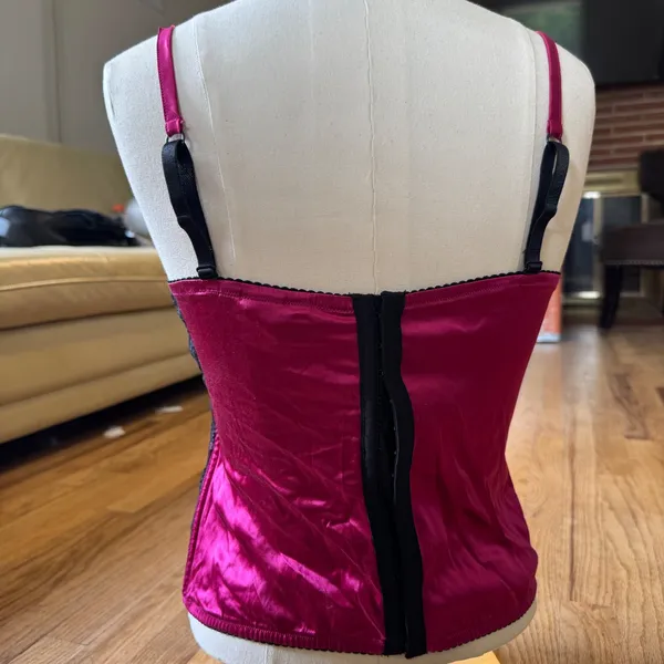 Moda International Magenta Pink Black Lace‎ Corset Top Underwire Silk Blend M - Image 8