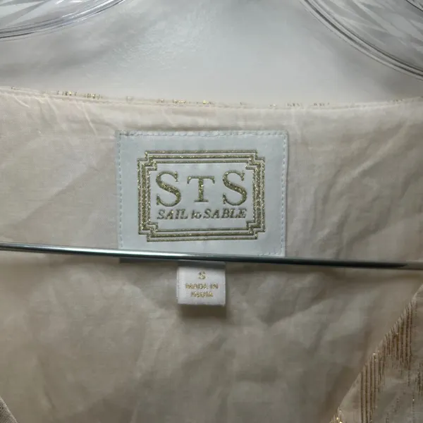 Sail to Sable Gold Metallic Chevron Smocked Midi Dress Cream V-Neck Small - Image 3