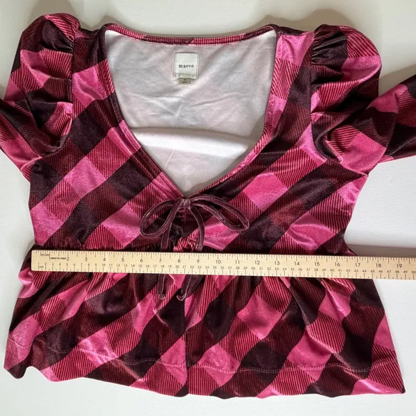 Maeve Anthropologie Pink Plaid Velvet Babydoll Top Medium‎ Coquette Academia - Image 11