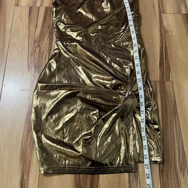 REVOLVE Superdown Gold Shimmer Mini Dress Cocktail Size XS Cowl Knot Hem Lined - Image 7