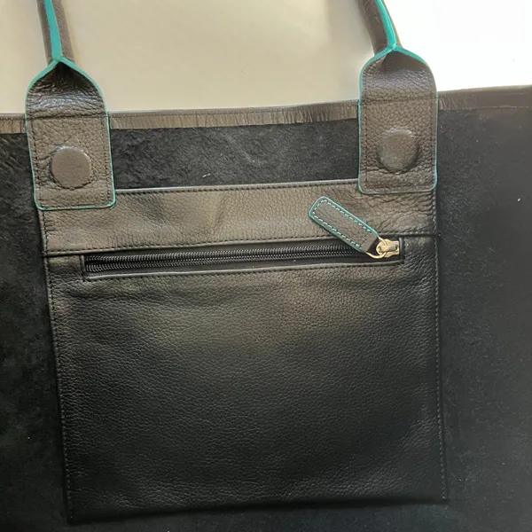 Black Deertan Cowhide Leather Tote Bag Teal Trim Classic Minimalist Purse‎ - Image 6