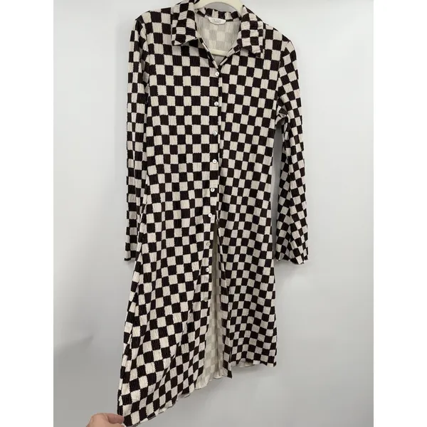 Eb Luxe Checkered Blouse Open Tunic Button Down M Long Sleeve Boho Western M Brown Size M - Image 6