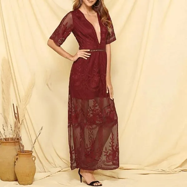 Maroon Dark Red Romper Boho V Neck Lace Maxi Dress Medium - Image 10