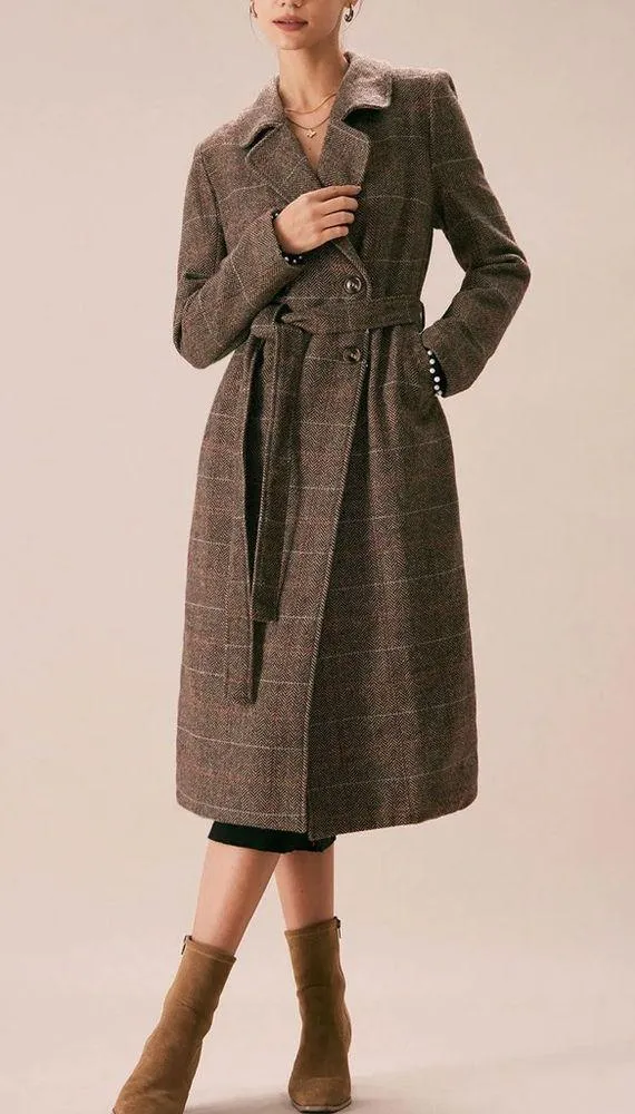 Rihoas Coffee Lapel Belted Double Breasted Coat Brown Size M - Image 4