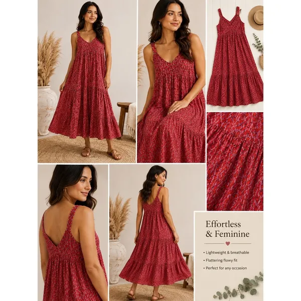 Joie Red Pink Abstract Print Cotton Tiered Maxi Dress Sleeveless V-Neck XL - Image 2