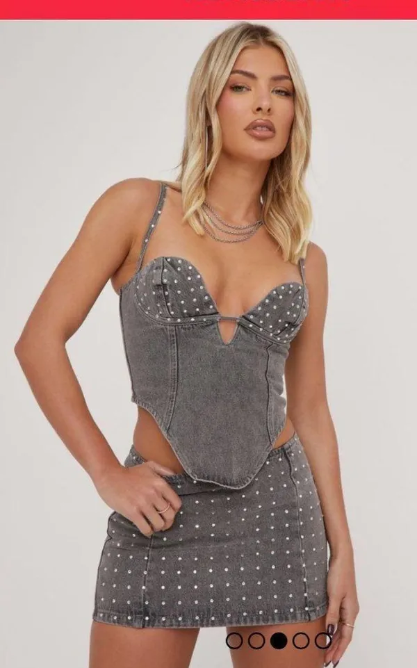 EGO top PLUNGE DIAMANTE DETAIL DIPPED HEM CORSET TOP IN WASHED GREY DENIM - Image 3