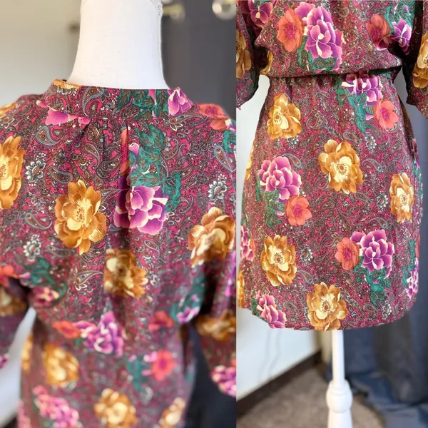 Champagne & Strawberry Silk Floral Paisley Mini Dress Womens Small Burgundy Boho - Image 5