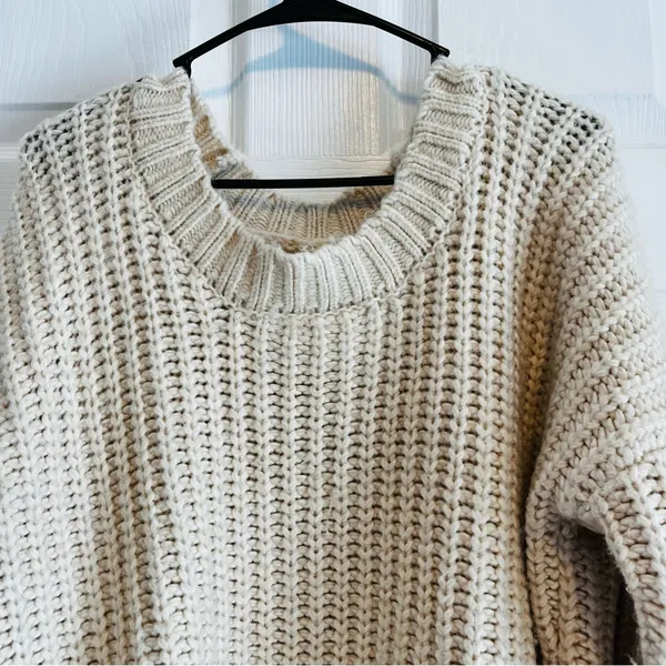 Aerie Cream Chunky Knit Crew Neck Sweater XS Oversized - Image 3