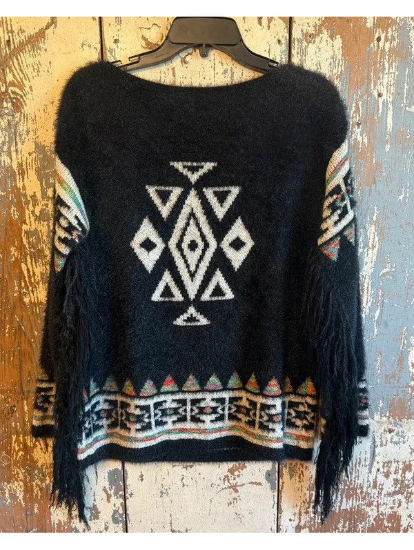 Jodifl Aztec Women's Eyelash Sweater Black Fringe Western size Medium - Image 5