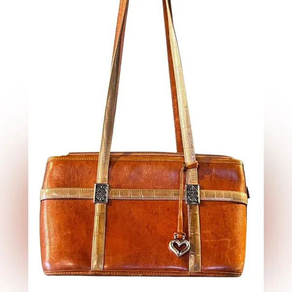Brighton Shoulder Handbag Vintage Russet Brown Leather Croc Trim Purse Old Money - Image 2